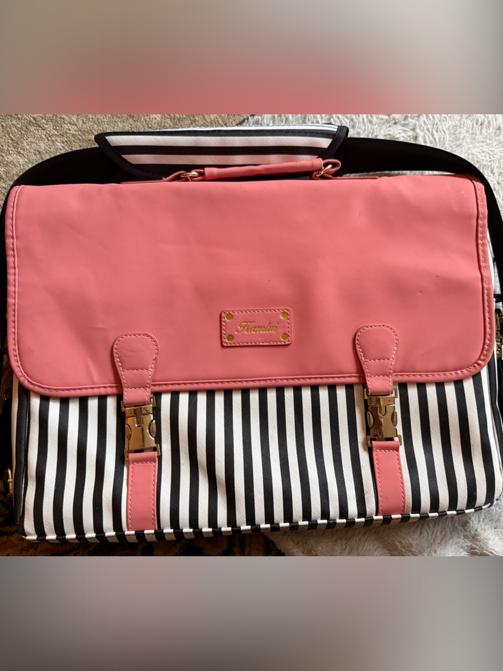 Kamlui Coral Pink Flap Striped Laptop Messenger Bag 15.6”